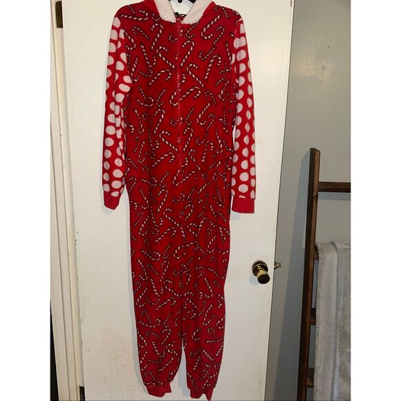 #Follow me Christmas one piece zip up pajamas santa hood candy canes women's Lar - Picture 2 of 6